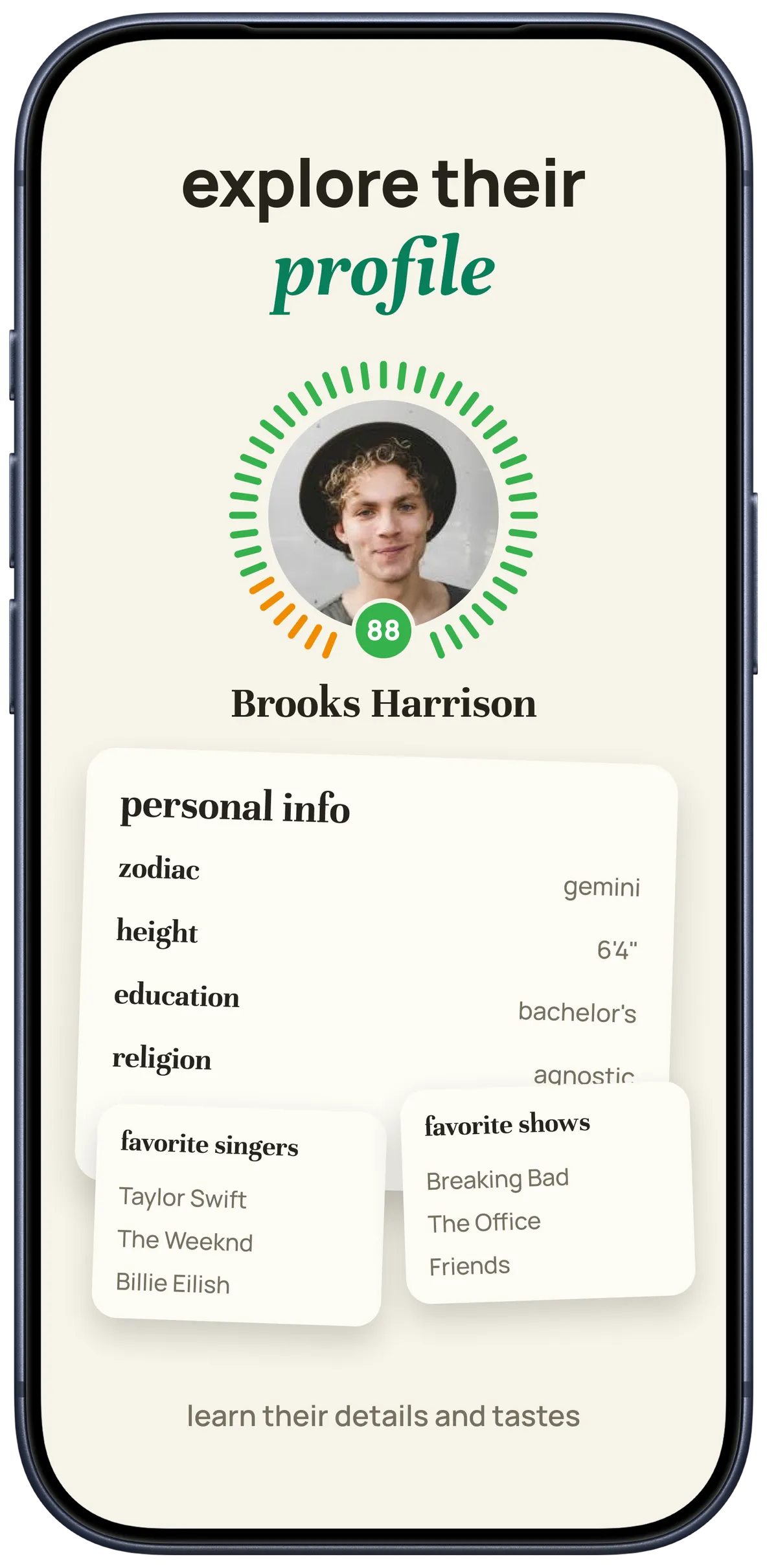 a profile with its mind-match score and details